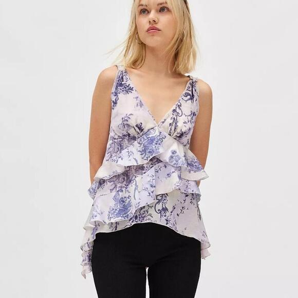 UO Ecote Debbie Asymmetric Tiered Ruffle Tunic Tank Top Urban Outfitters Blue - Picture 1 of 4